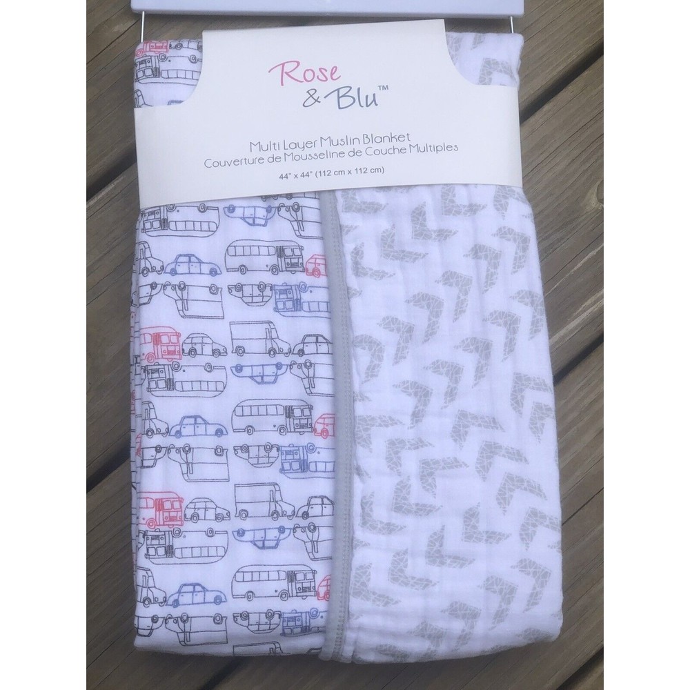 Rose & Blue Muslin Stroller Baby Boy Blanket Cotton Gray Reversible Cars 4 Layer